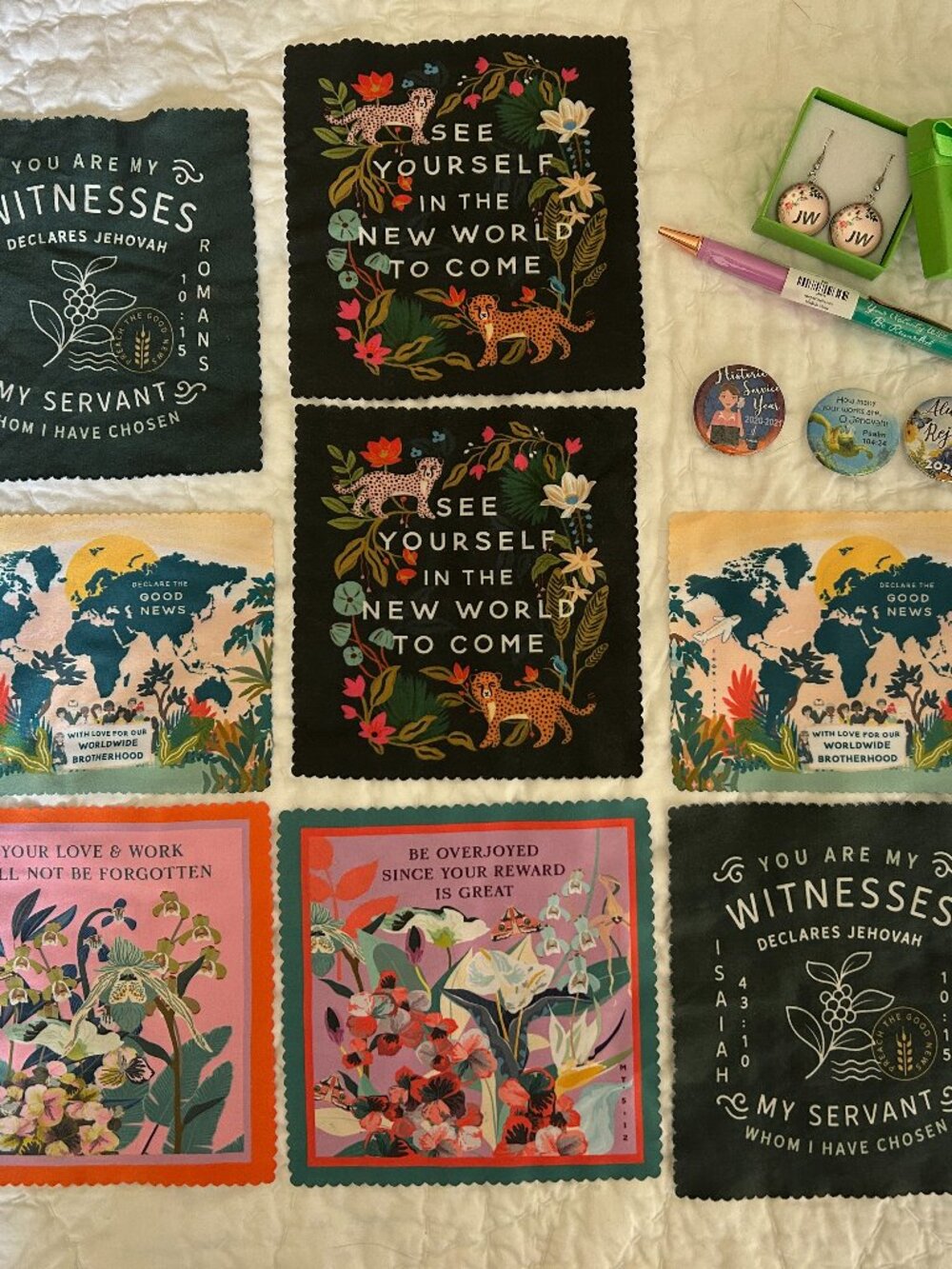JW Paradise Convention Ministry Animals Screen Cloths Pins Pen Earrings Bible